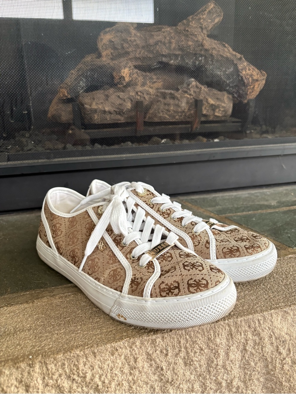 Guess Women’s Beige Monogram Canvas Low-Top Sneakers